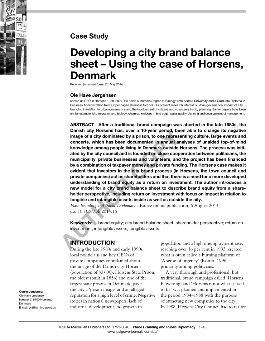 tom Den fremmede gullig PDF) Developing a city brand balance sheet – Using the case of Horsens,  Denmark