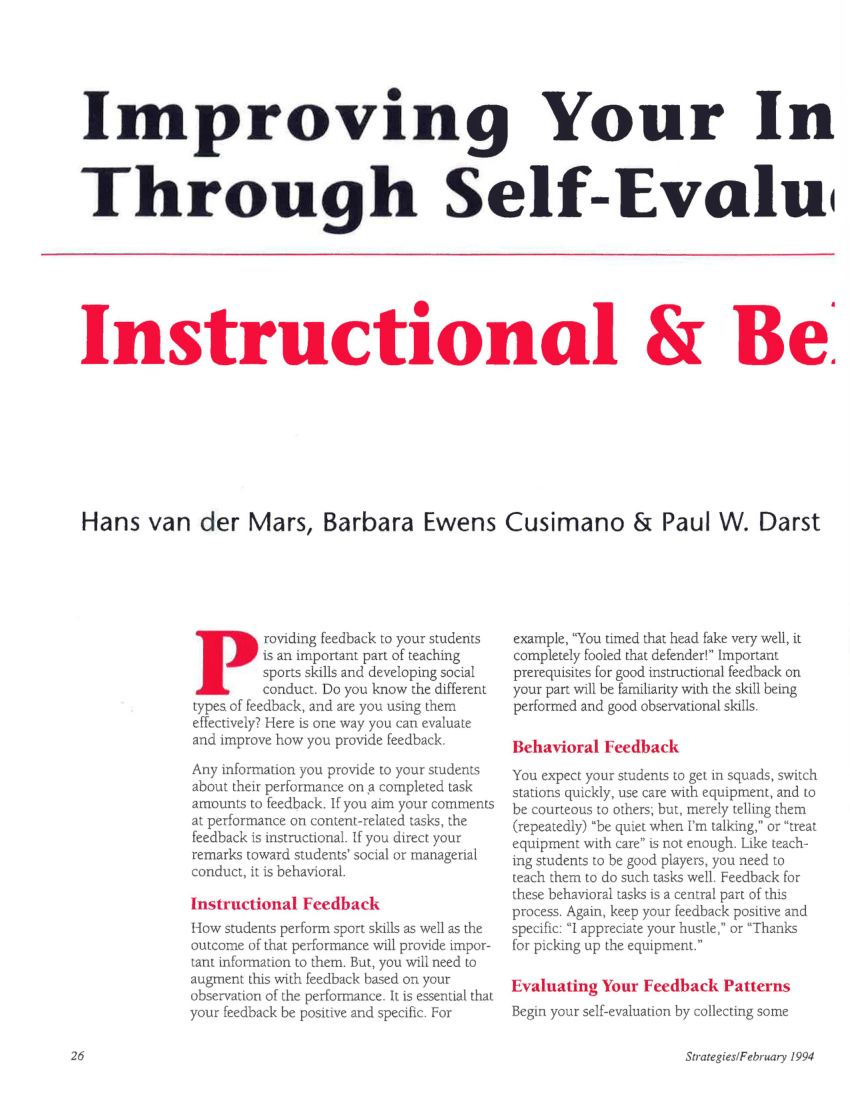 Pdf Improving Your Instruction Through Self Evaluation Part Four Instructional And Behavioral 7439