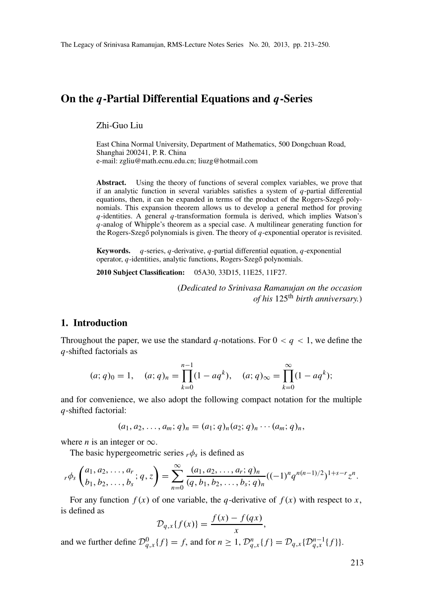Pdf On The Q Partial Differential Equations And Q Series
