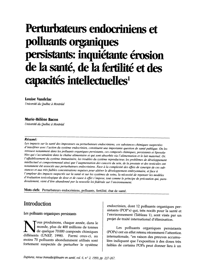 Pdf Perturbateurs Endocriniens Et Polluants Organiques Persistants Inquiétante érosion De La 