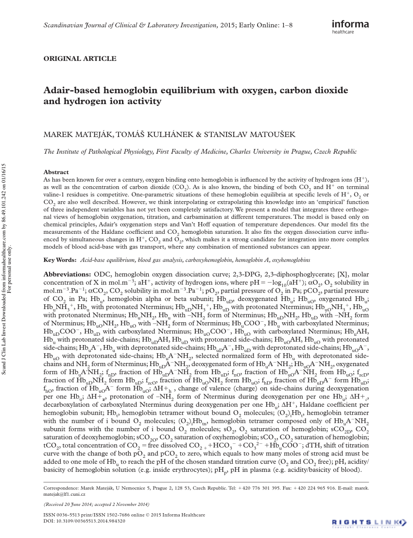 Pdf Adair Based Hemoglobin Equilibrium With Oxygen Carbon Dioxide And Hydrogen Ion Activity