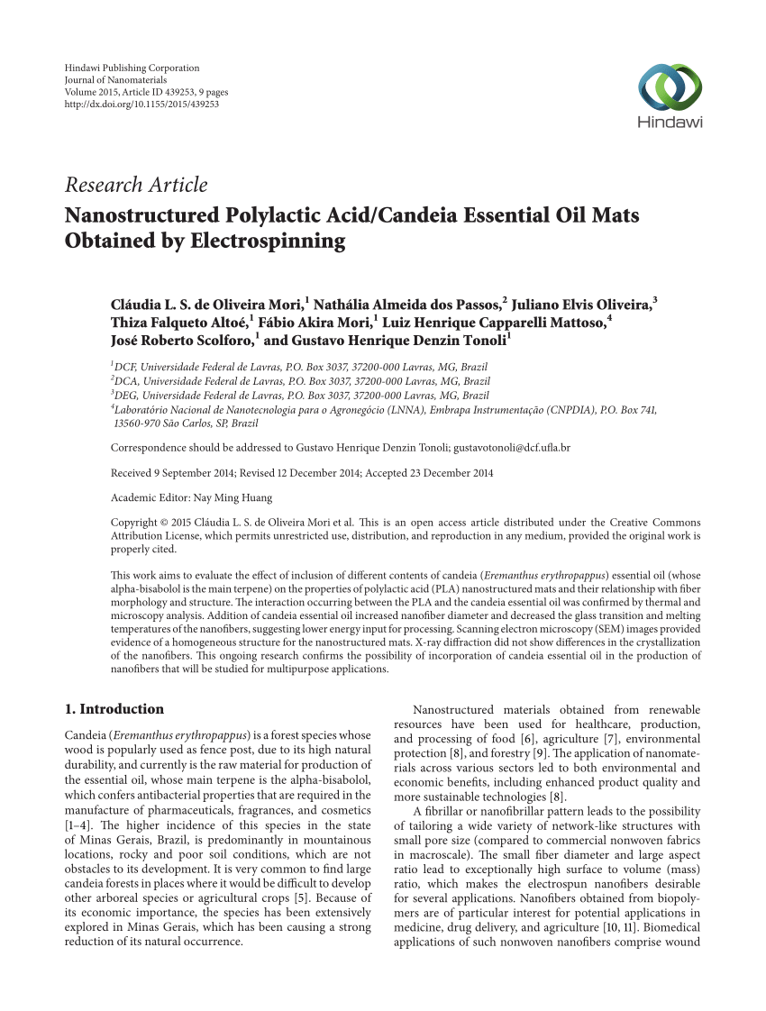 Pdf Nanostructured Polylactic Acid Candeia Essential Oil Mats Obtained By Electrospinning