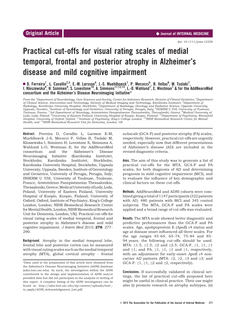 Pdf Practical Cut Offs For Visual Rating Scales Of Medial Temporal Frontal And Posterior Atrophy In Alzheimer S Disease And Mild Cognitive Impairment