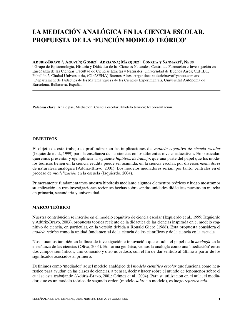 PDF) LA MEDIACIÓN ANALÓGICA EN LA CIENCIA ESCOLAR. PROPUESTA DE LA 'FUNCIÓN  MODELO TEÓRICO'