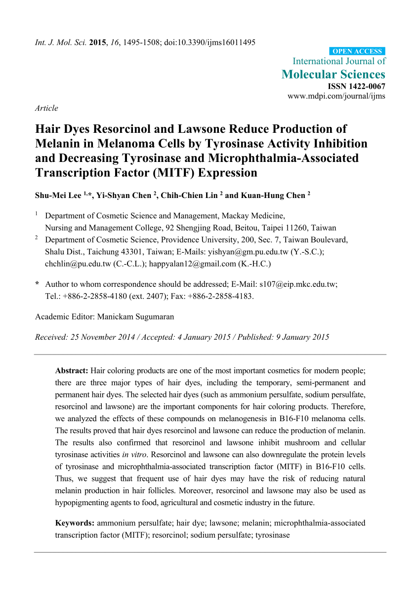 PDF) Hair Dyes Resorcinol and Lawsone Reduce Production of Melanin in  Melanoma Cells by Tyrosinase Activity Inhibition and Decreasing Tyrosinase  and Microphthalmia-Associated Transcription Factor (MITF) Expression