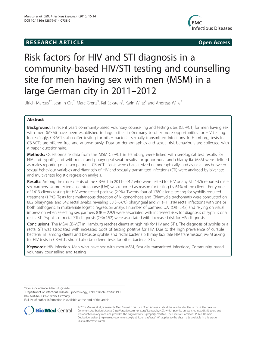 PDF) Risk factors for HIV and STI diagnosis in a community-based HIV/STI testing and counselling site for men having sex with men (MSM) in a large German city in 2011-2012
