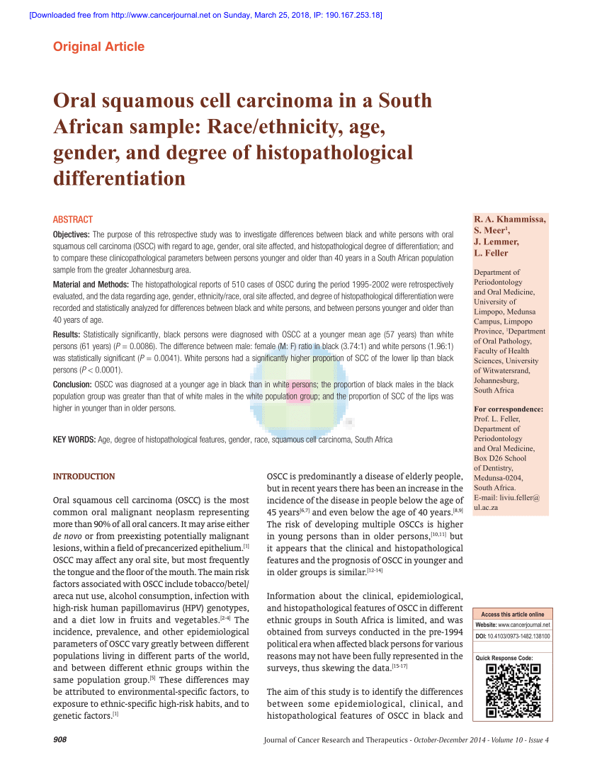 Pdf Oral Squamous Cell Carcinoma In A South African Sample Race Ethnicity Age Gender And Degree Of Histopathological Differentiation