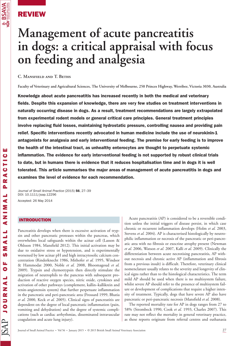 Pdf Management Of Acute Pancreatitis In Dogs A Critical Appraisal With Focus On Feeding And Analgesia