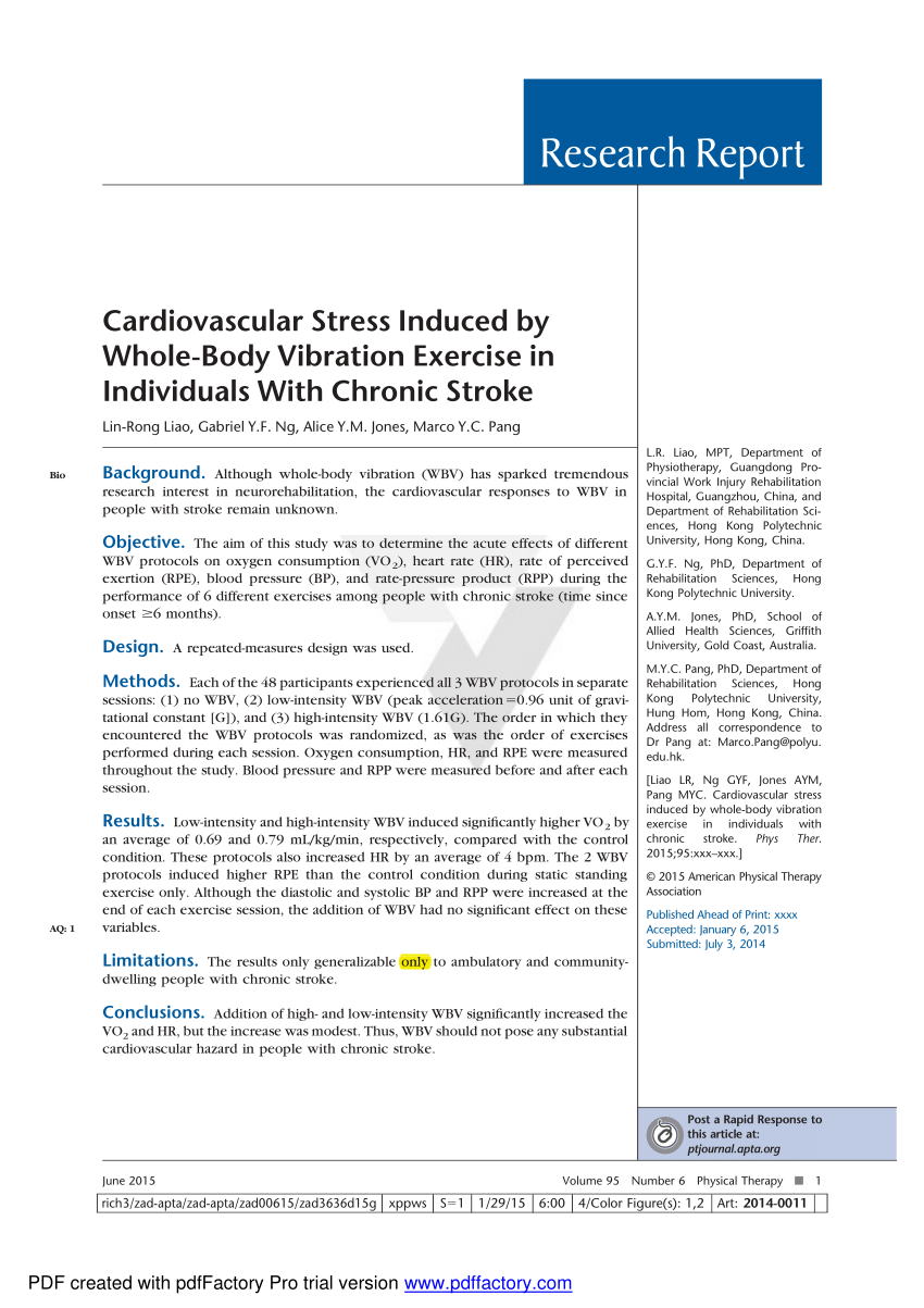 Pdf Cardiovascular Stress Induced By Whole Body Vibration Exercise In Individuals With Chronic Stroke