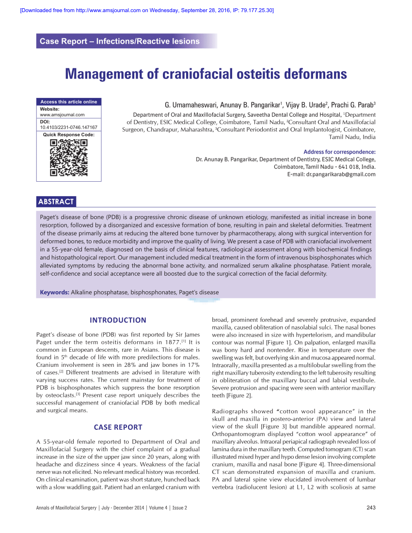 Pdf Management Of Craniofacial Osteitis Deformans