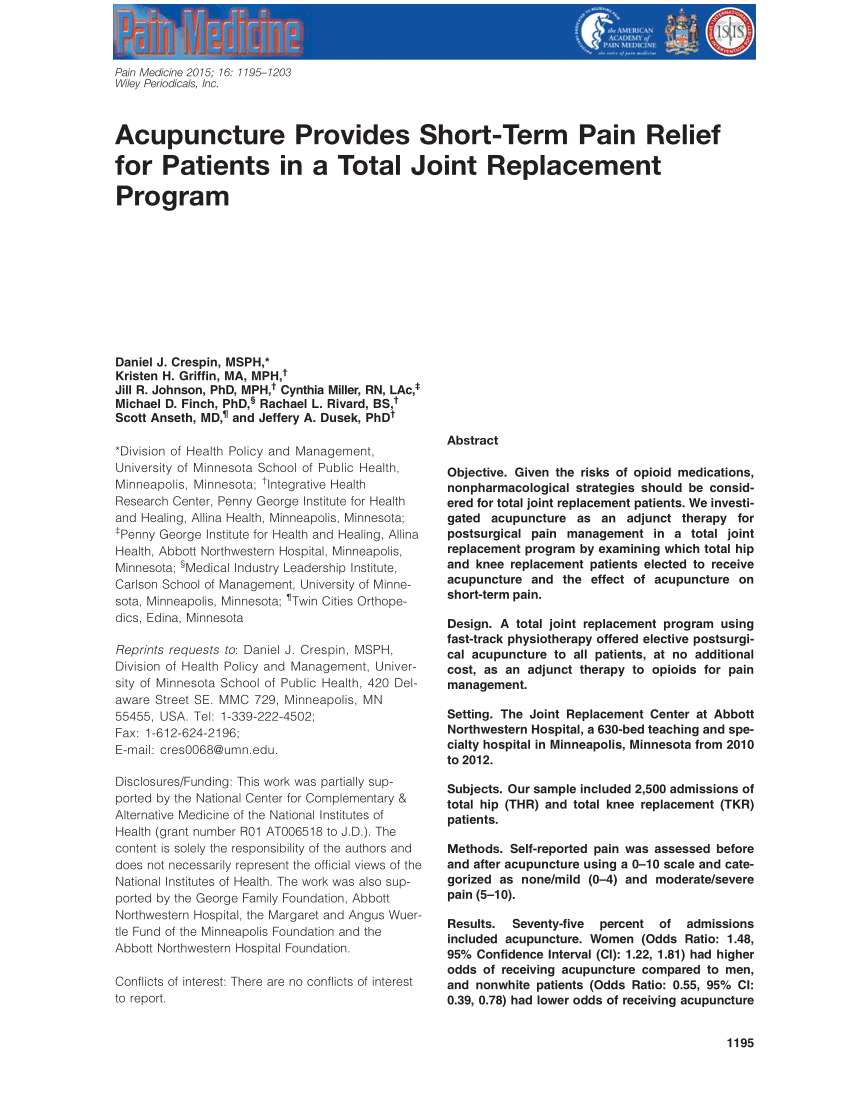 PDF) Acupuncture Provides Short-Term Pain Relief for Patients in a Total Joint Replacement Program picture