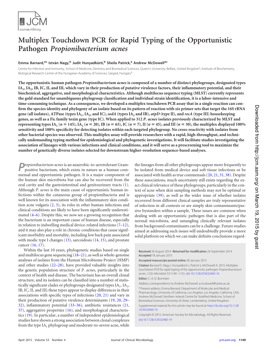 PDF) Multiplex Touchdown PCR for Rapid Typing of the Opportunistic Pathogen Propionibacterium acnes