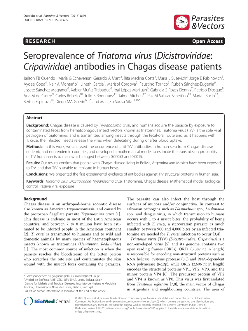Pdf Seroprevalence Of Triatoma Virus Dicistroviridae Cripaviridae Antibodies In Chagas Disease Patients