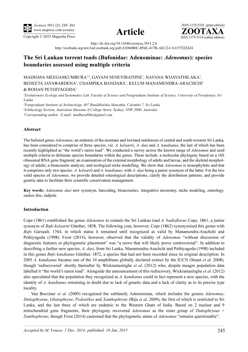 PDF) The Sri Lankan torrent toads (Bufonidae: Adenominae: Adenomus):  Species boundaries assessed using multiple criteria