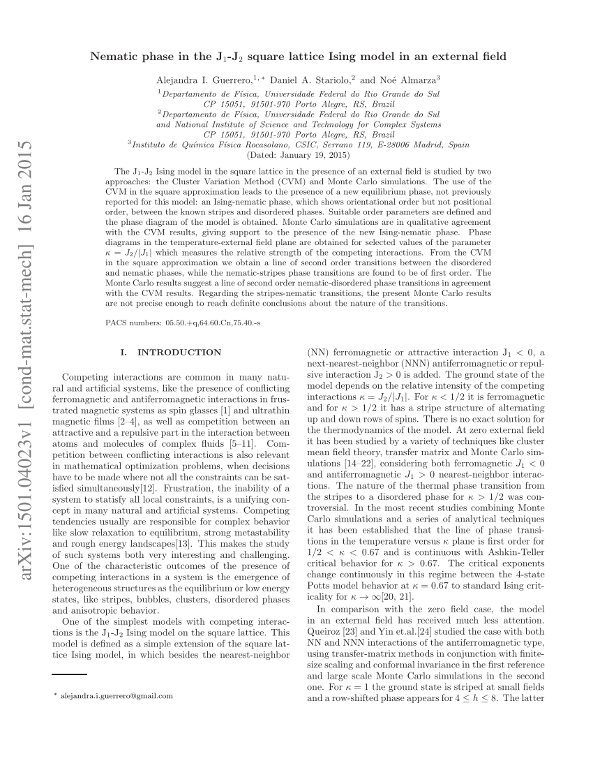 Pdf Nematic Phase In The J 1 J 2 Square Lattice Ising Model In An External Field