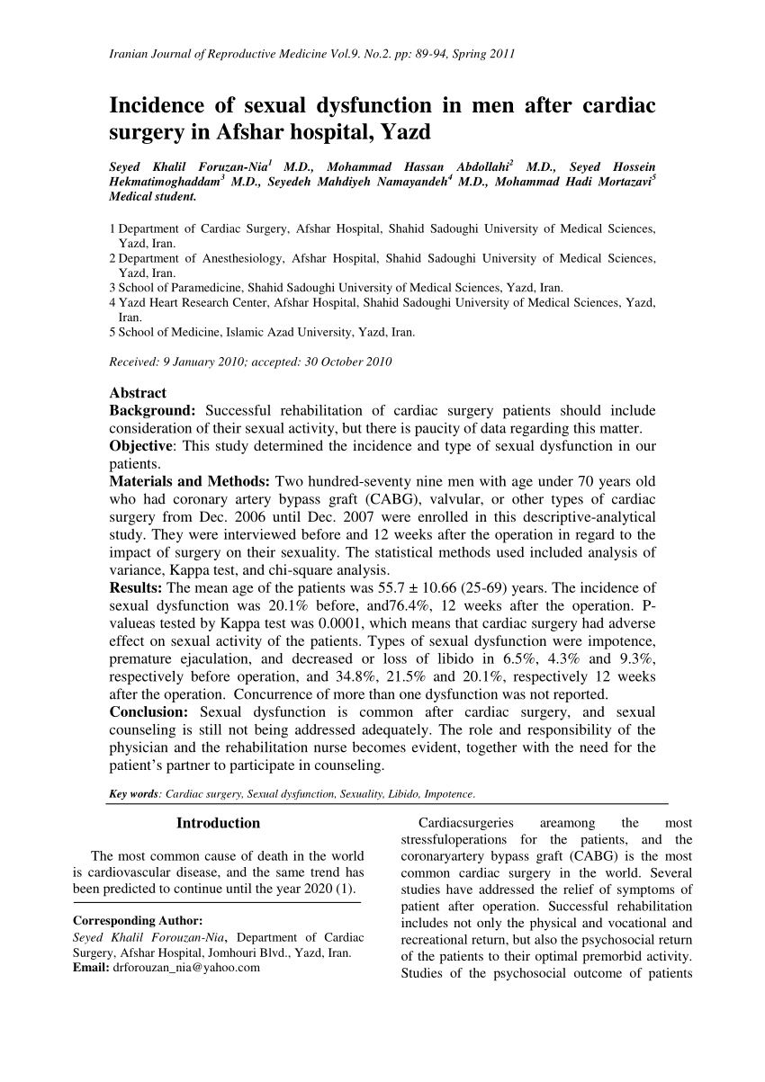 PDF Incidence of sexual dysfunction in men after cardiac surgery