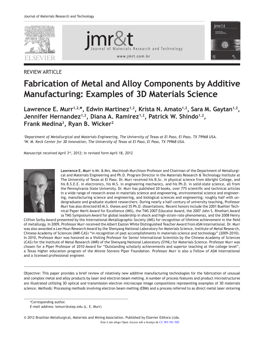 Pdf Fabrication Of Metal And Alloy Components By Additive Manufacturing Examples Of 3d Materials Science