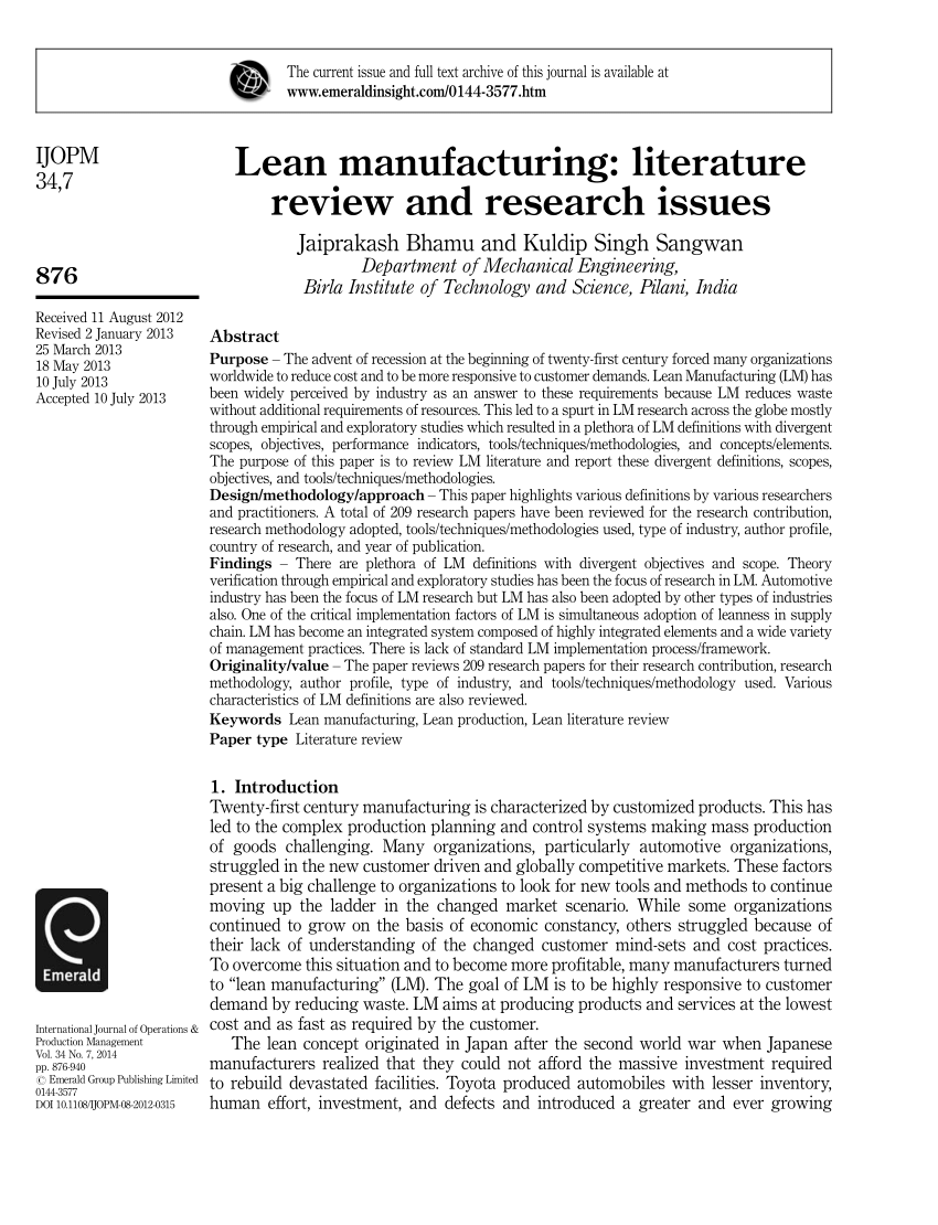 literature review on lean manufacturing