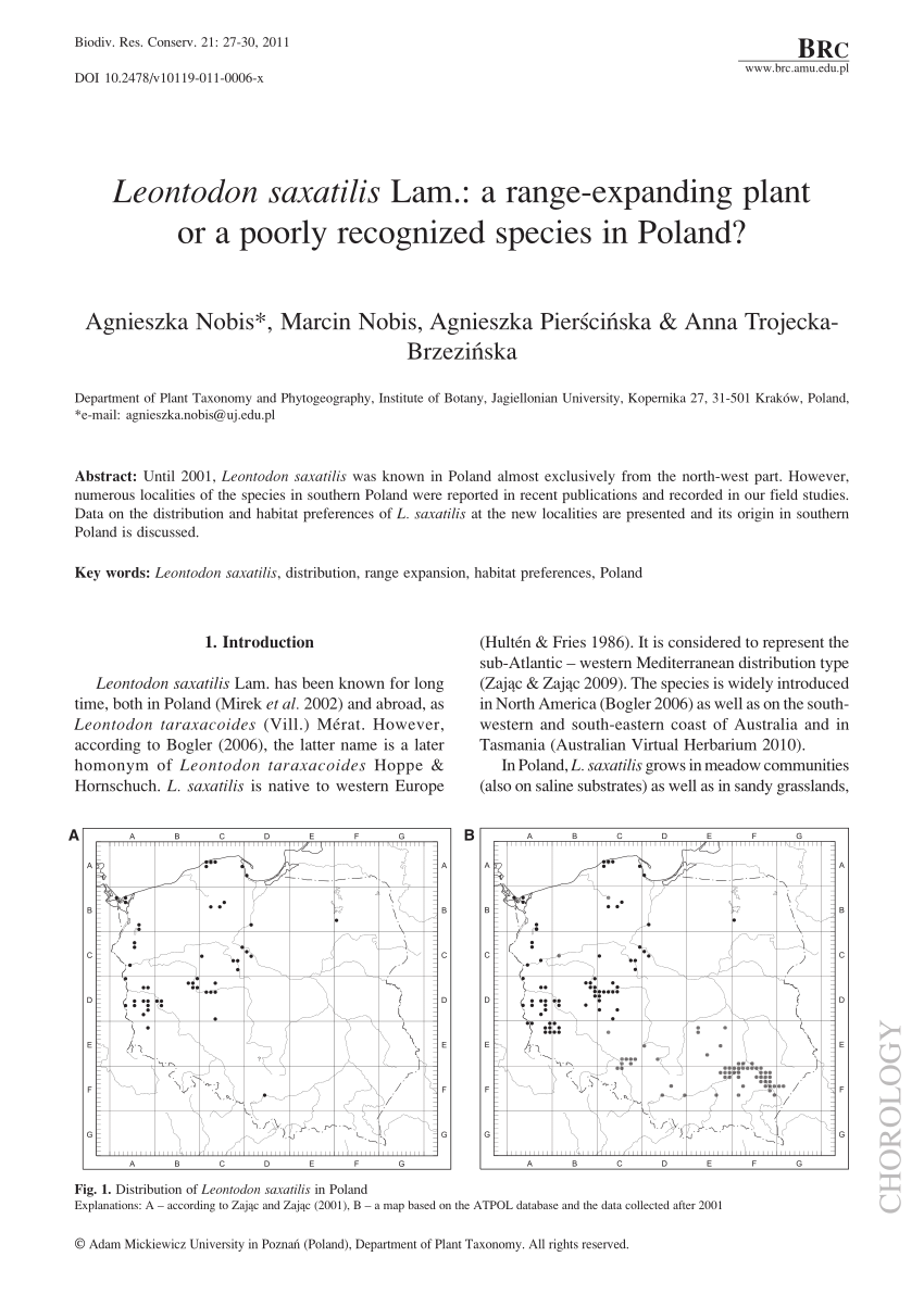 Pdf Leontodon Saxatilis Lam A Range Expanding Plant Or A Poorly Recognized Species In Poland