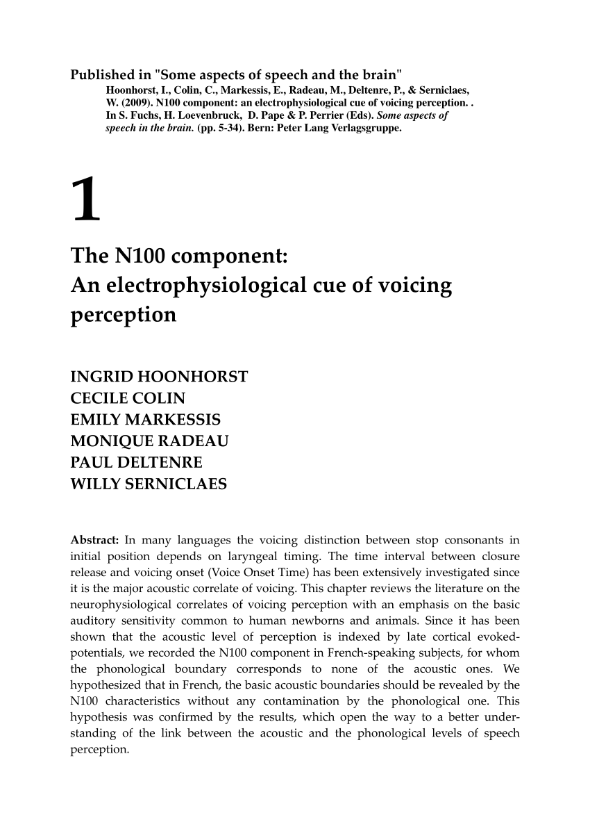 Pdf N100 Component An Electrophysiological Cue Of Voicing Perception