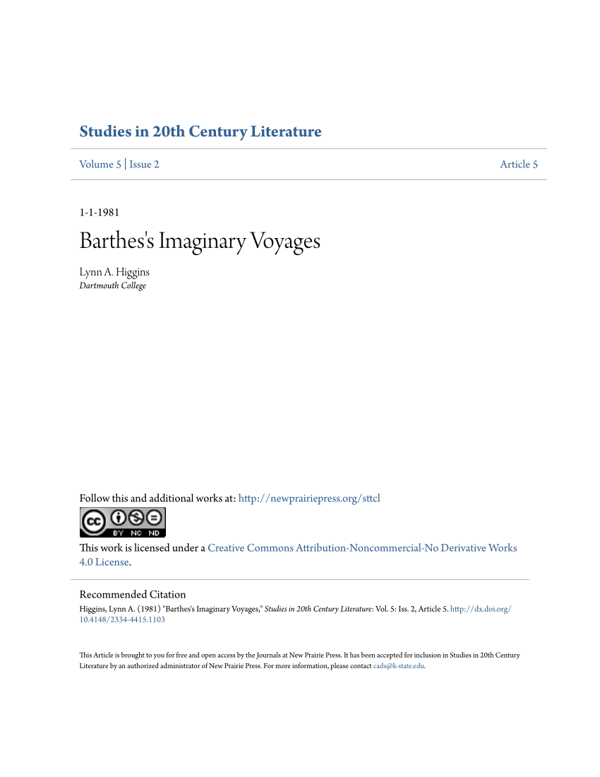 Pdf Barthes S Imaginary Voyages