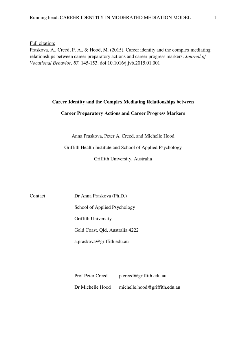 Pdf Career Identity And The Complex Mediating Relationships Between Career Preparatory Actions And Career Progress Markers