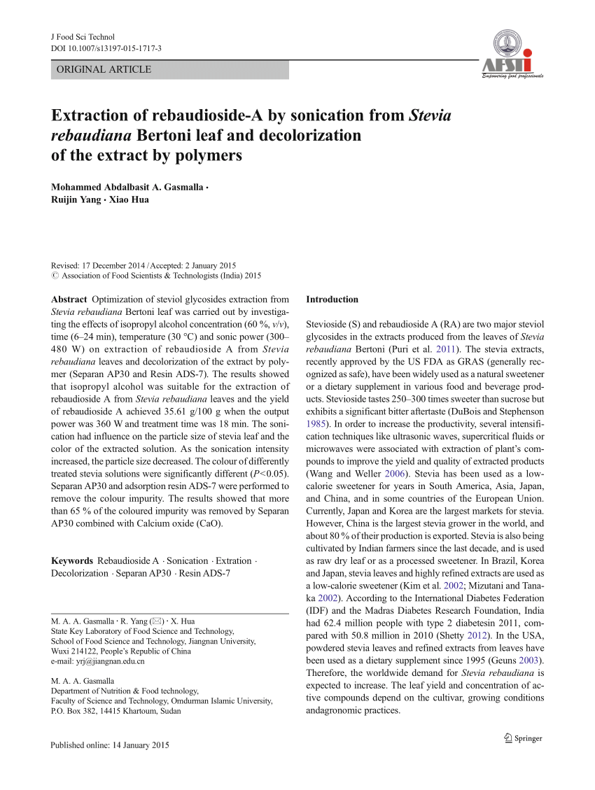 Pdf Extraction Of Rebaudioside A By Sonication From Stevia Rebaudiana Bertoni Leaf And Decolorization Of The Extract By Polymers