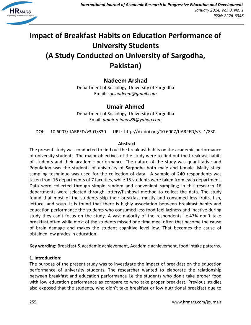 Pdf Impact Of Breakfast Habits On Education Performance Of University Students A Study Conducted On University Of Sargodha Pakistan