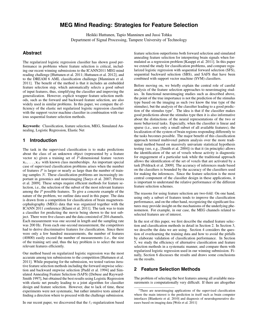 PDF) MEG Mind Reading: Strategies for Feature Selection