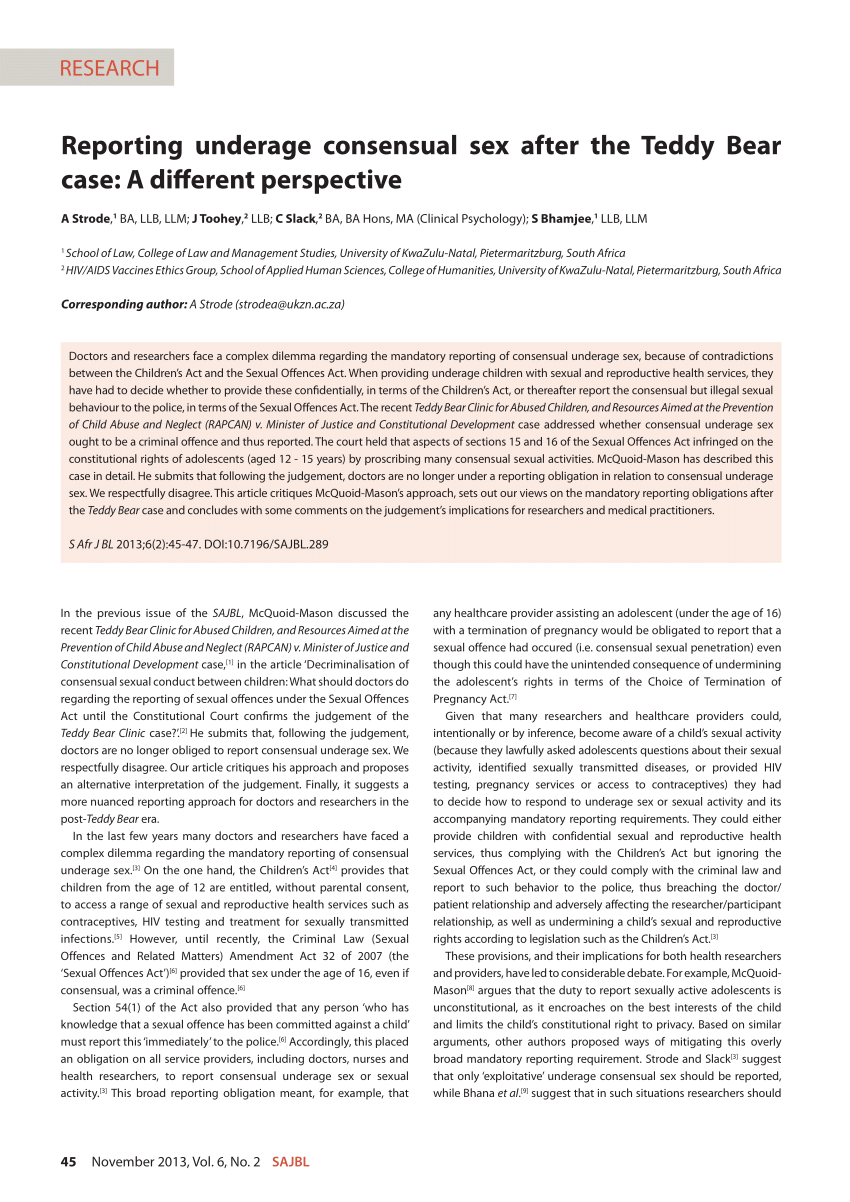 PDF) Reporting underage consensual sex after the Teddy Bear case: A  different perspective