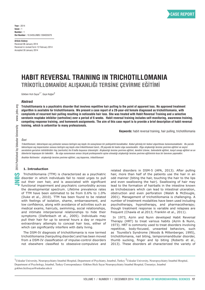 PDF) Habit Reversal Training in Trichotillomania: A Case Report