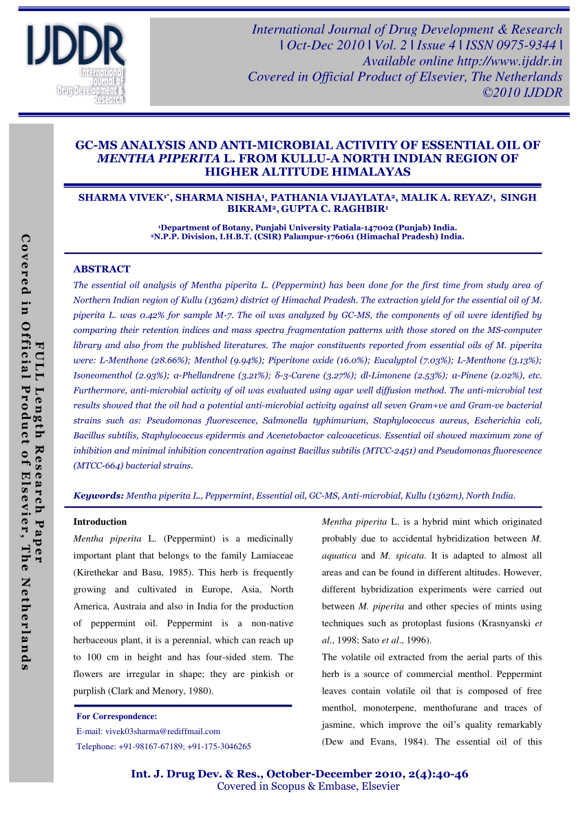 Pdf Gc Ms Analysis And Anti Microbial Activity Of Essential Oil Of Mentha Piperita L From Kullu A North Indian Region Of Higher Altitude Himalayas