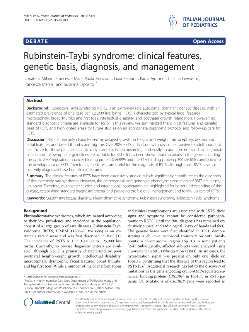 Rubinstein-Taybi syndrome: clinical features, genetic basis, diagnosis, and  management, Italian Journal of Pediatrics