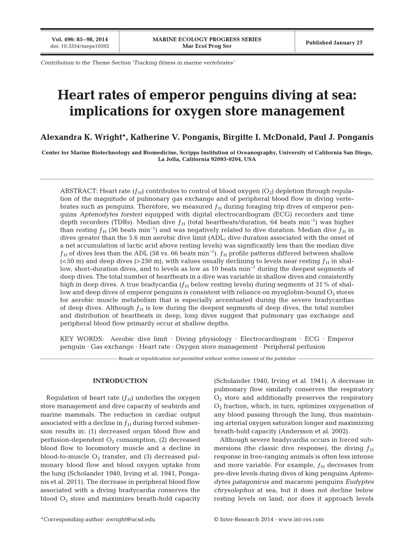 Pdf Heart Rates Of Emperor Penguins Diving At Sea Implications For Oxygen Store Management