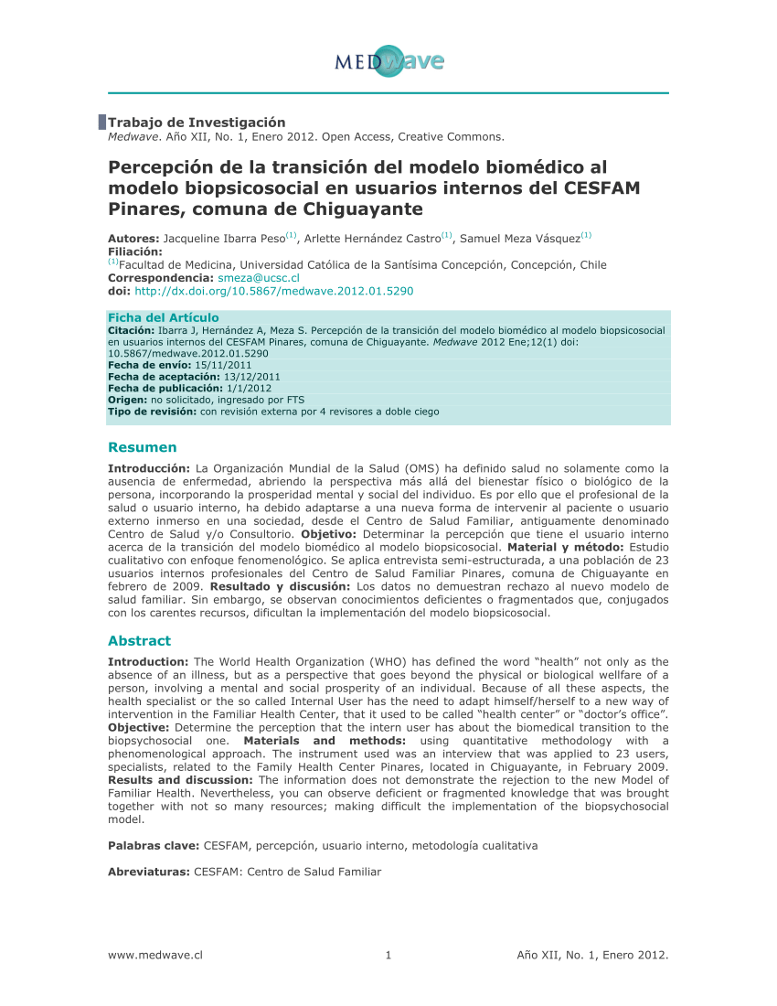 PDF) Perception of the transition from the biomedical model to the  biopsychosocial model in internal users from the CESFAM Pinares, Chiguayante