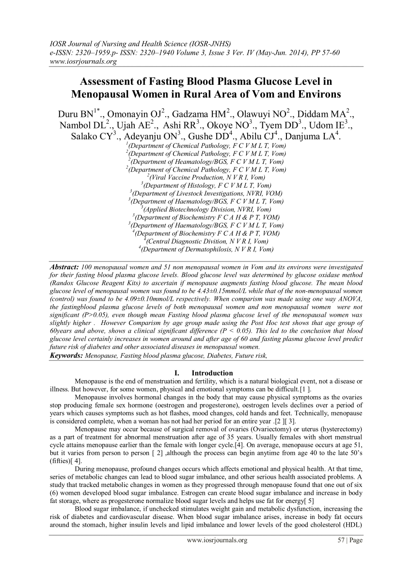 Pdf Assessment Of Fasting Blood Plasma Glucose Level In Menopausal Women In Rural Area Of Vom And Environs