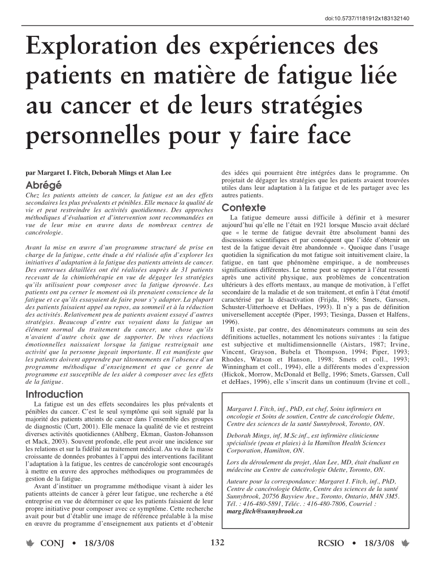 Pdf Exploration Des Experiences Des Patients En Matiere De Fatigue Liee Au Cancer Et De Leurs Strategies Personnelles Pour Y Faire Face