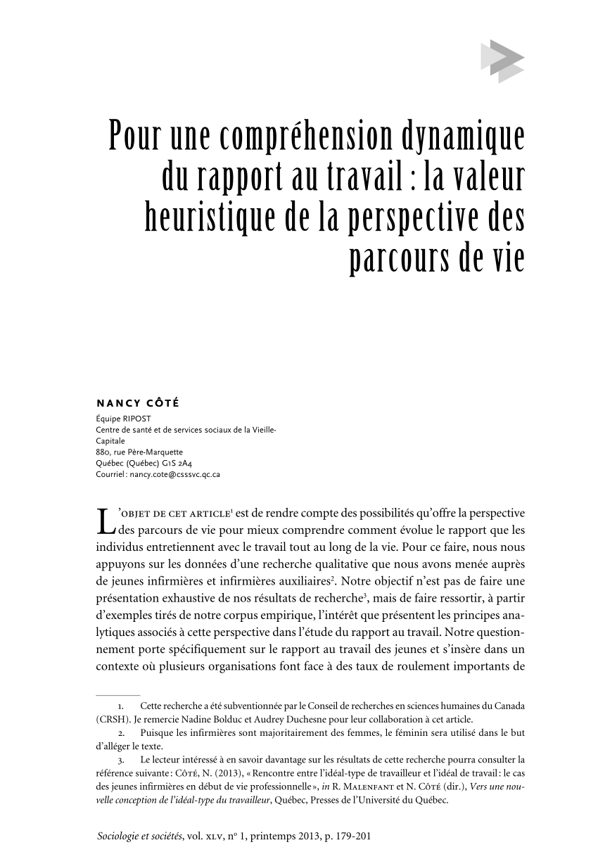 Pdf Pour Une Comprehension Dynamique Du Rapport Au Travail La Valeur Heuristique De La Perspective Des Parcours De Vie