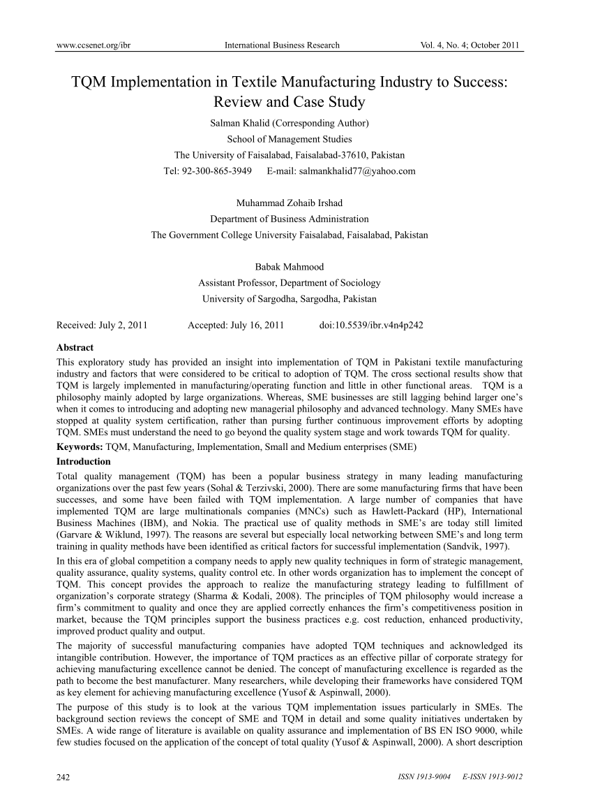 case study of tqm implementation in manufacturing