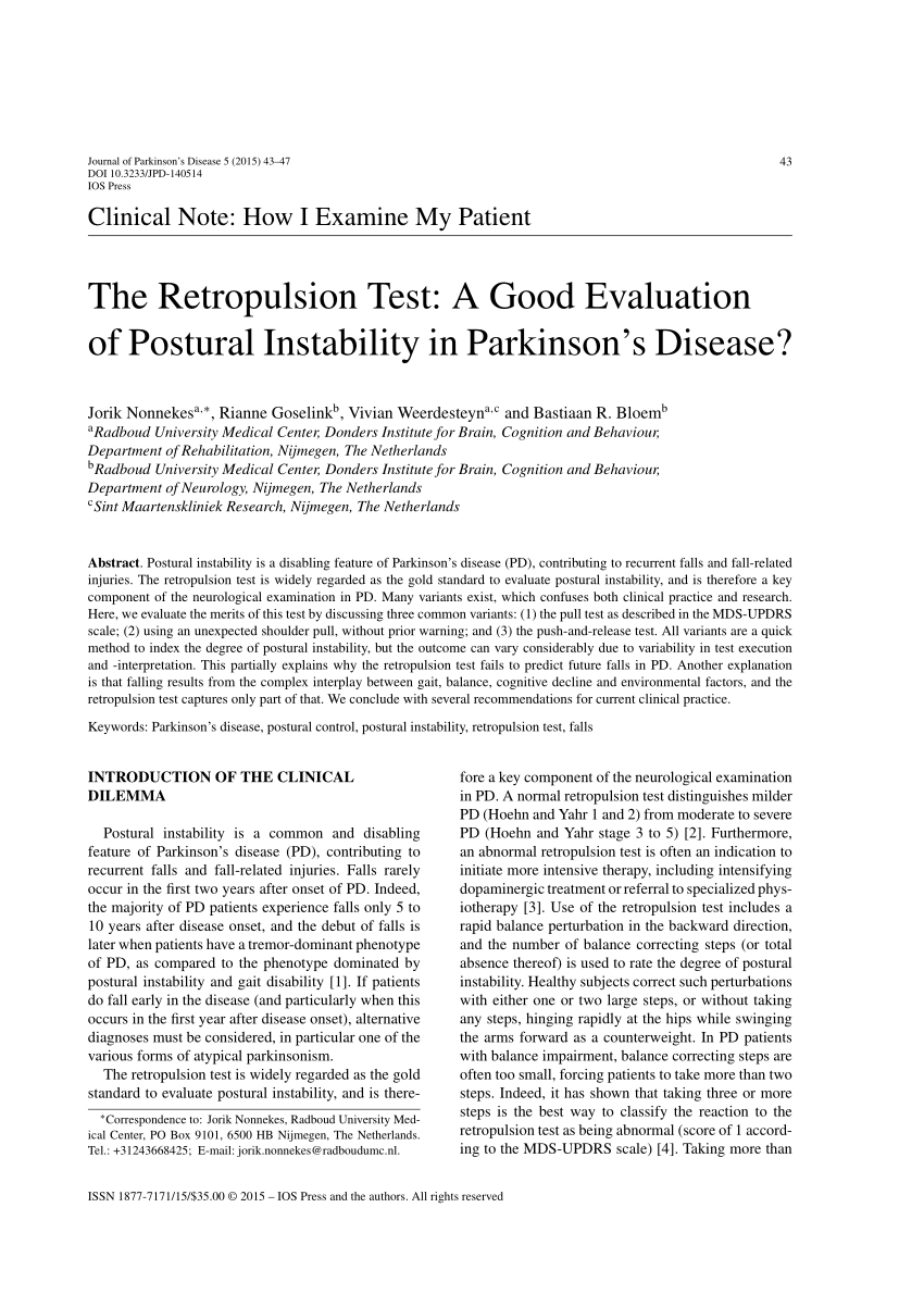 Pdf The Retropulsion Test A Good Evaluation Of Postural Instability