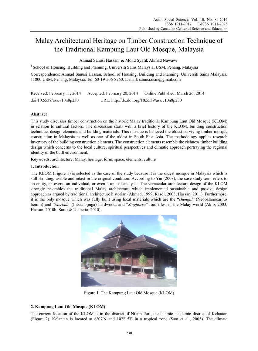 Pdf Malay Architectural Heritage On Timber Construction Technique Of The Traditional Kampung Laut Old Mosque Malaysia