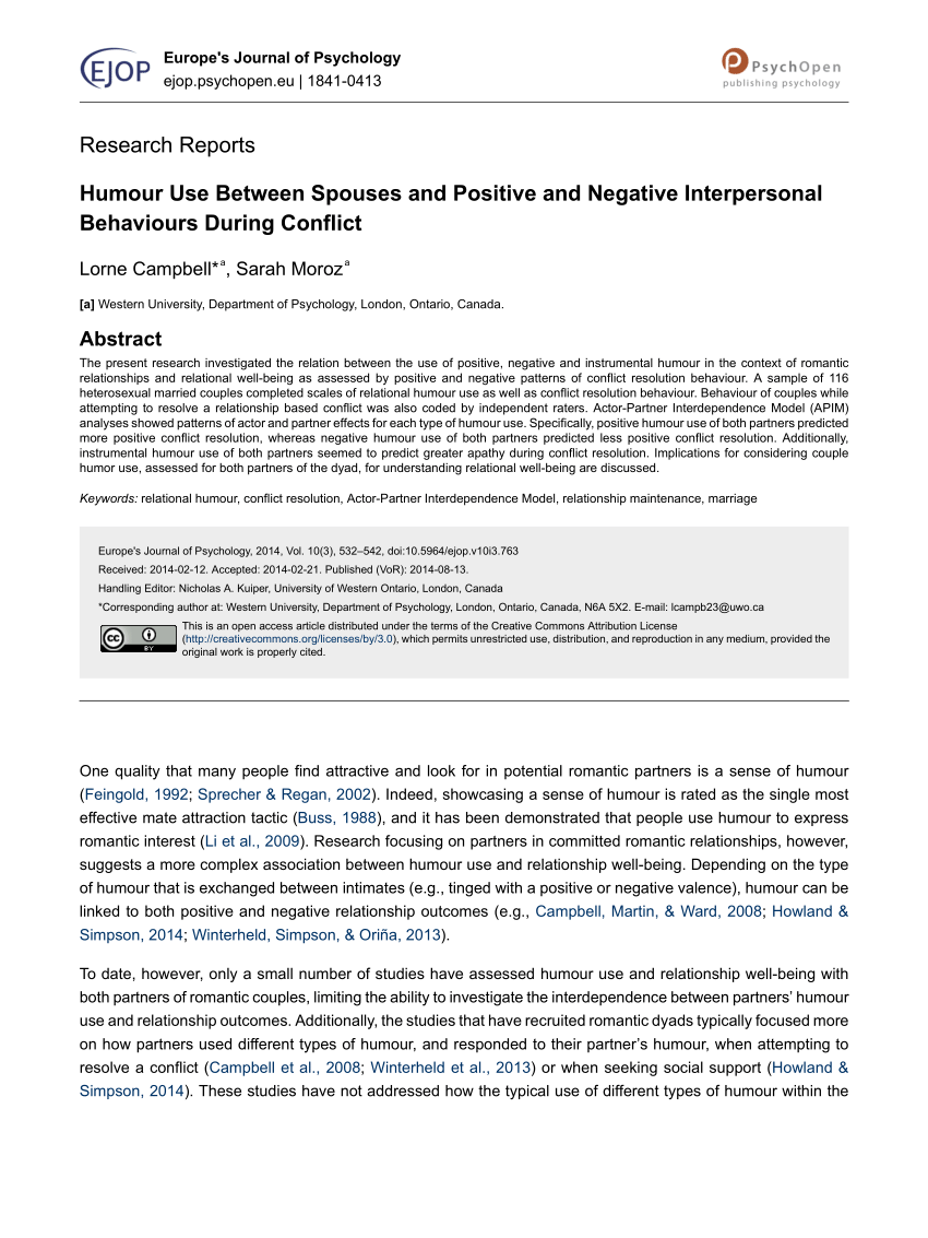 Pdf Humour Use Between Spouses And Positive And Negative Interpersonal Behaviours During Conflict