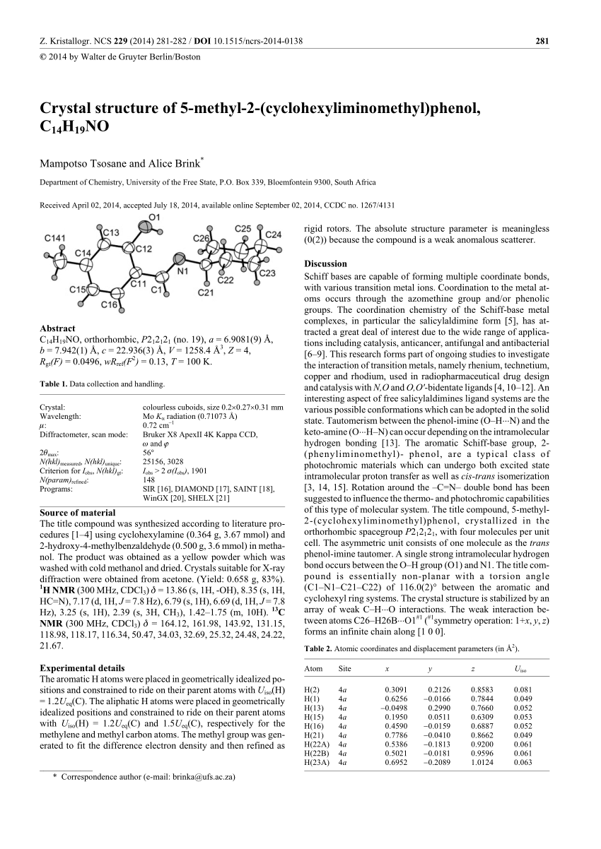 Pdf Crystal Structure Of 5 Methyl 2 Cyclohexyliminomethyl Phenol C14h19no