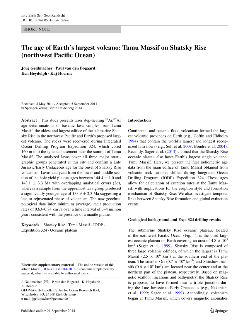 Pdf The Age Of Earth S Largest Volcano Tamu Massif On Shatsky Rise Northwest Pacific Ocean