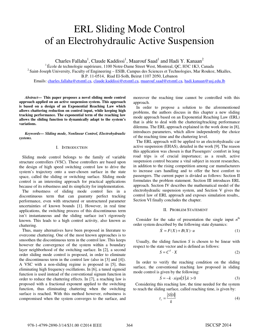 Pdf Erl Sliding Mode Control Of An Electrohydraulic Active Suspension