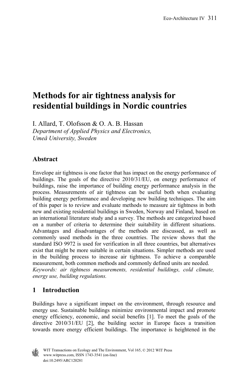 Pdf Methods For Air Tightness Analysis For Residential Buildings In Nordic Countries