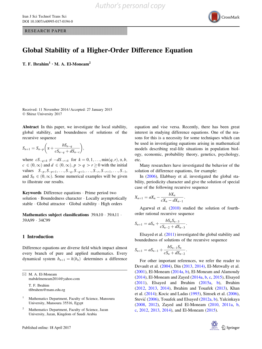 Pdf Global Stability Of A Higher Order Difference Equation