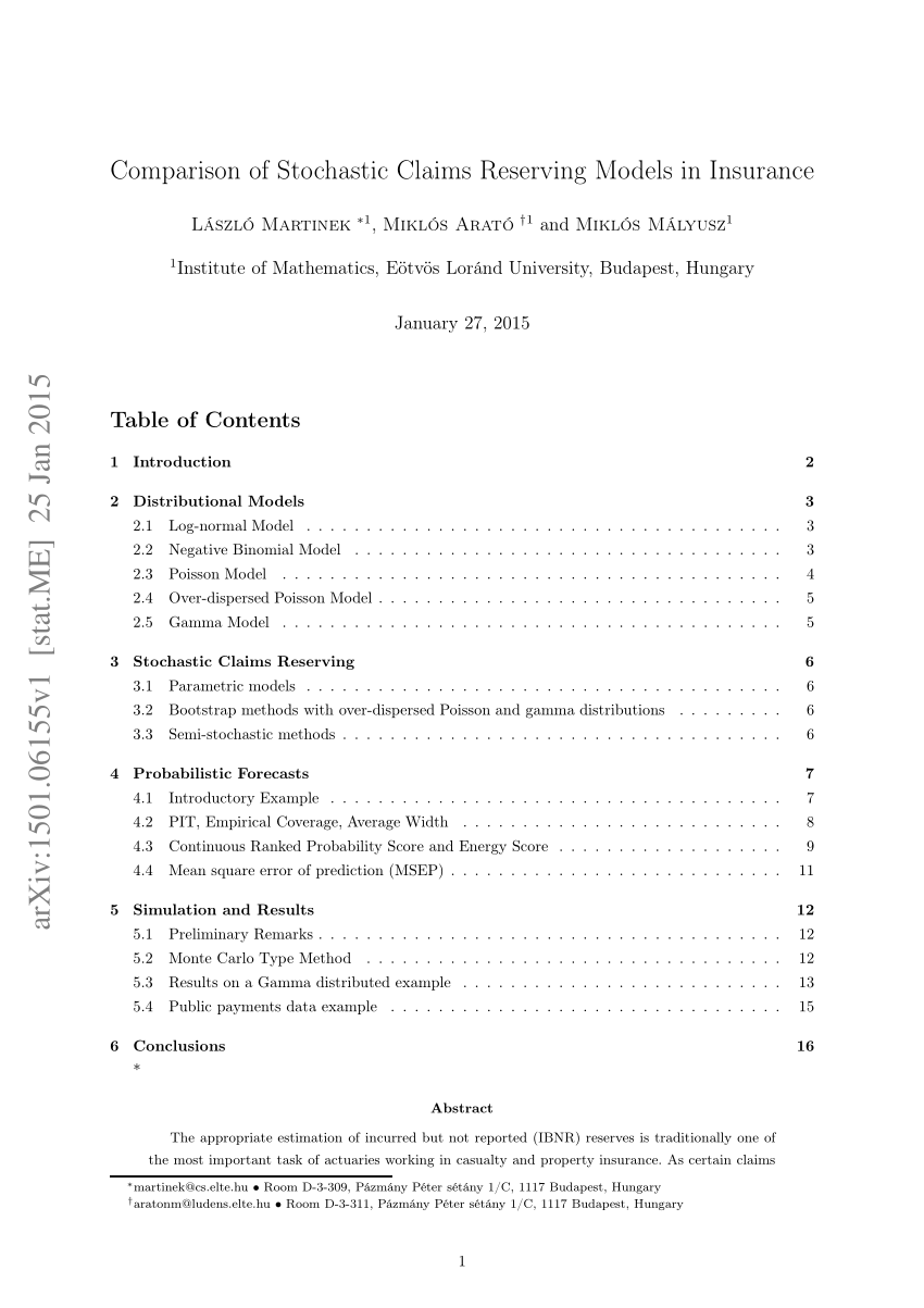  PDF Comparison of Stochastic Claims Reserving Models in 