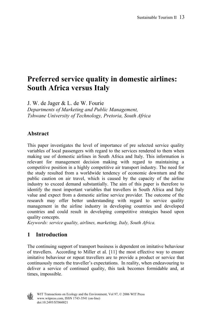 (PDF) Preferred service quality in domestic airlines South Africa