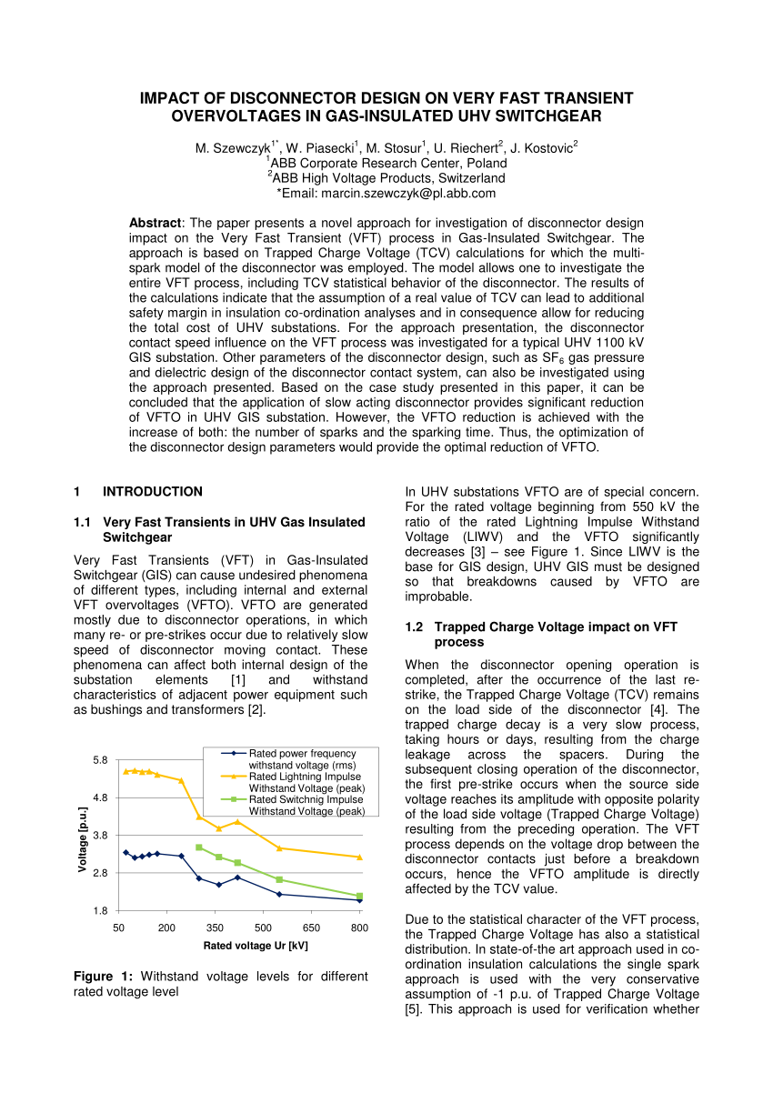 Pdf Impact Of Disconnector Design On Very Fast Transient Overvoltages In Gas Insulated Uhv Switchgear